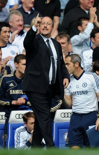 Chelsea's Rafael Benitez gestures from the touchline at Stamford Bridge in London on May 19, 2013